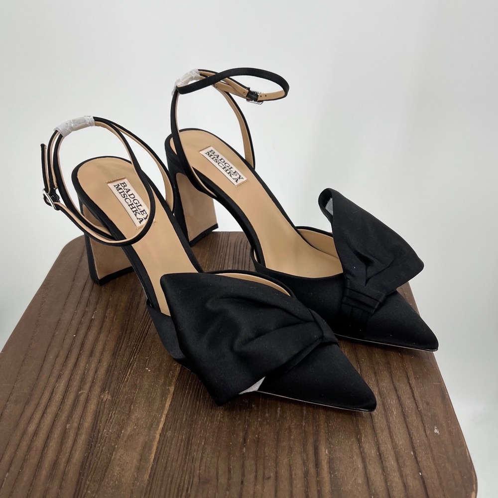 Badgley Mischka Alease Black Satin Bow Ankle Strap Block Heel Pumps 9.5 NIB